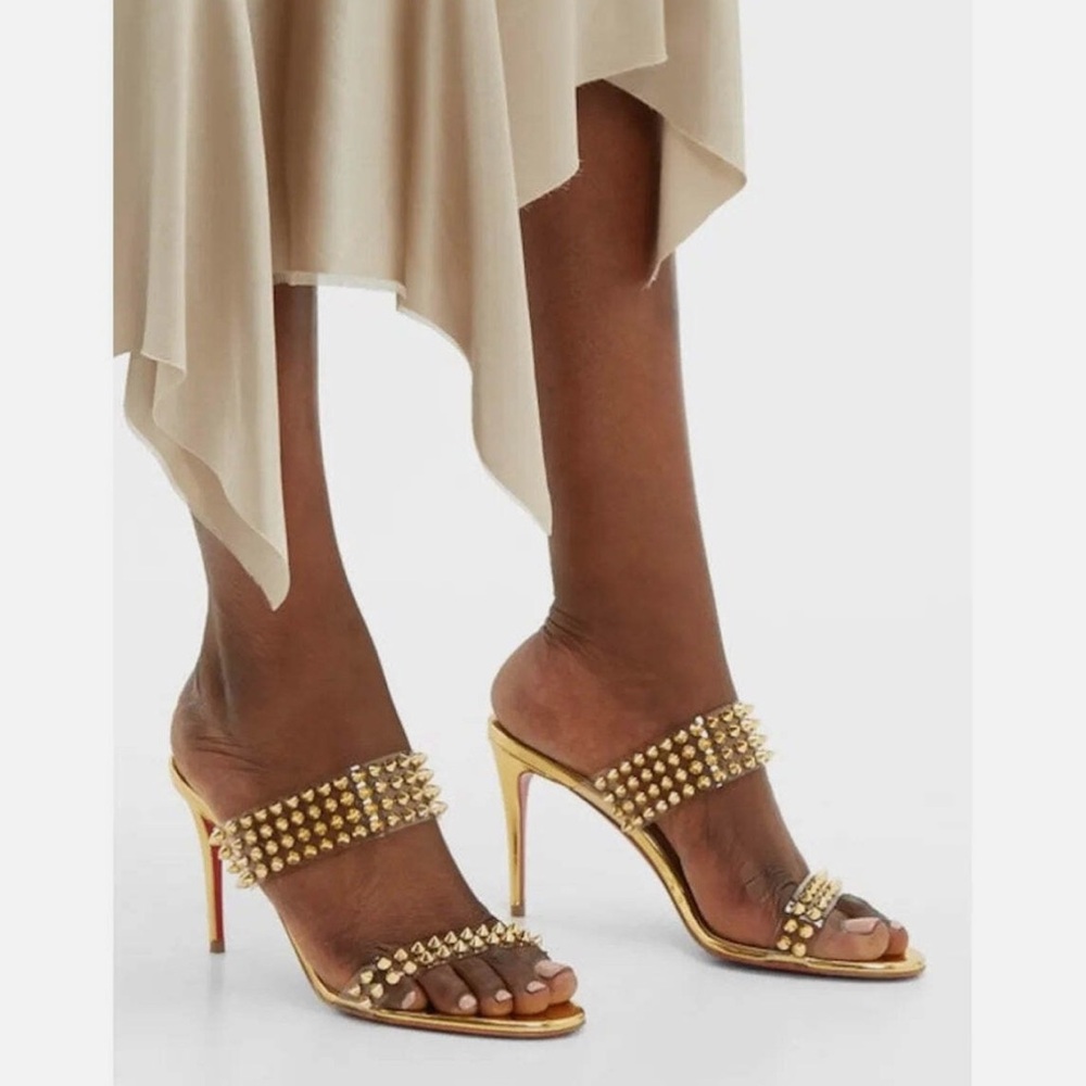Christian Louboutin Spikes Only PVC Chrome Open Toe Mule Sandal Heels Gold 42 - Picture 2 of 16